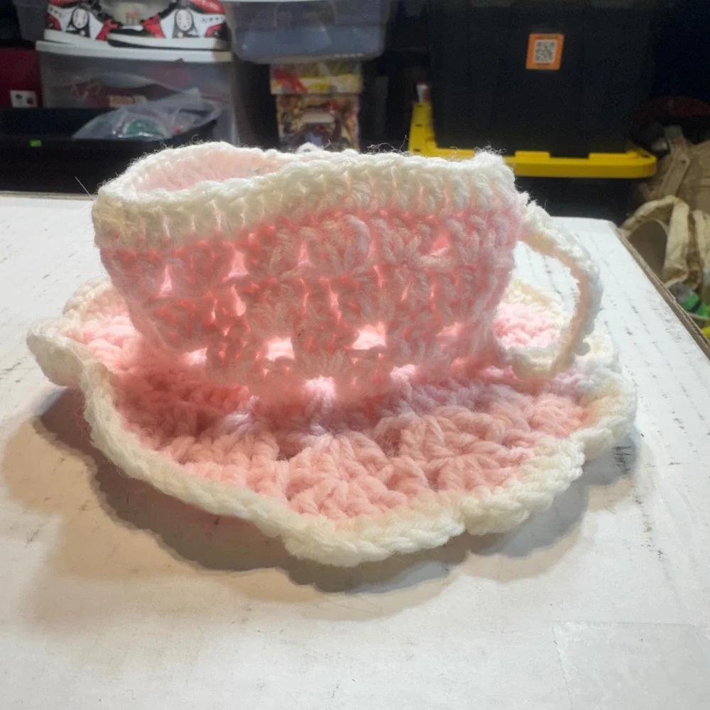 Handmade Crochet Tea Cup and Saucer Set Decorative Trinket Bowl Tea Party Dolh
